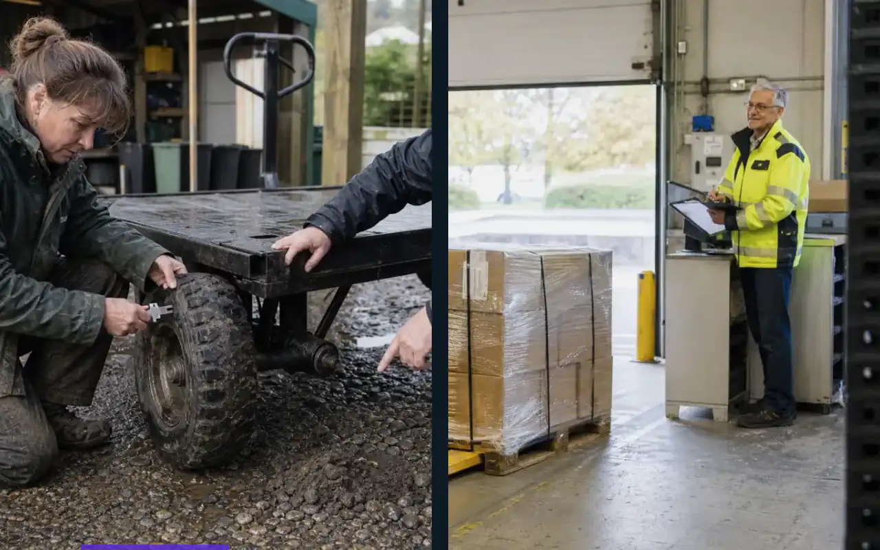 Elektro-Hochhubwagen mit 2.000 kg für den Großhandel: redaktionelle Bildkomposition zur Arbeitssituation