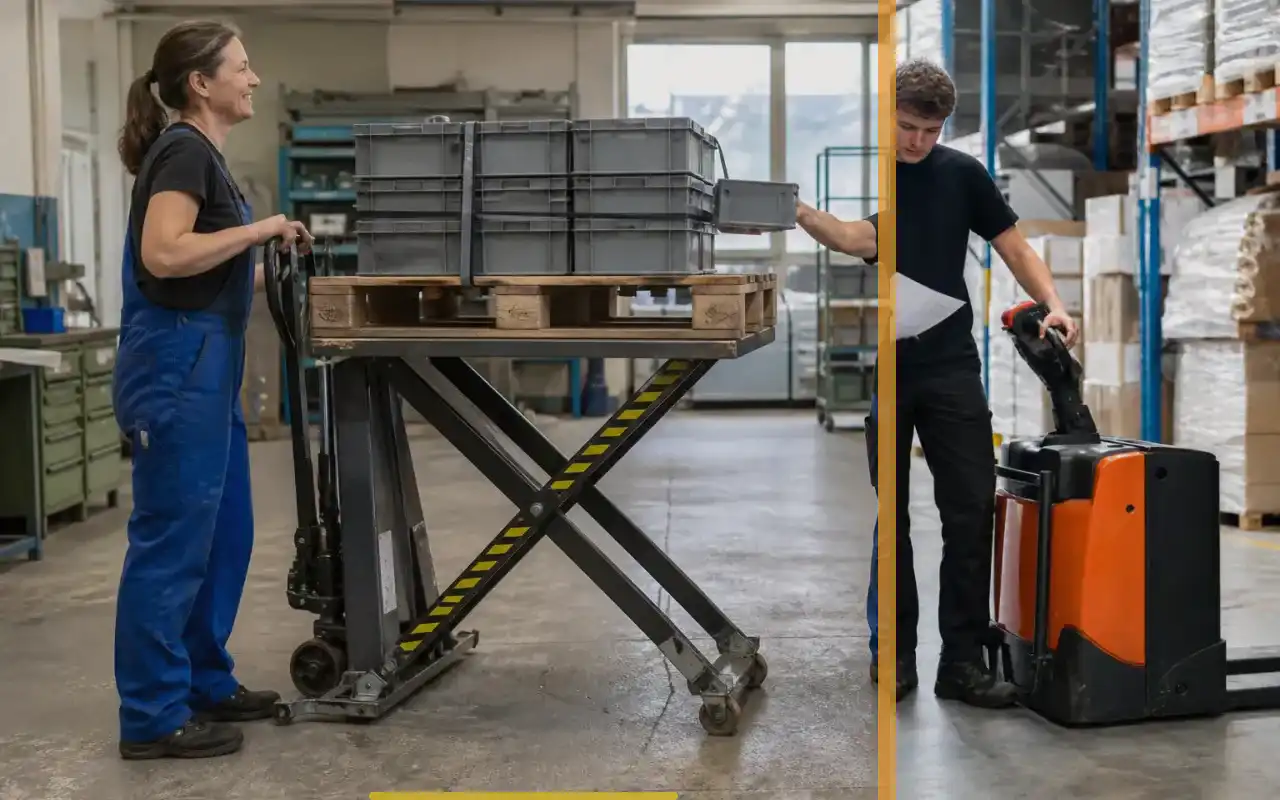 Elektro-Hochhubwagen mit 2.000 kg für die Logistik: redaktionelle Bildkomposition zur Arbeitssituation