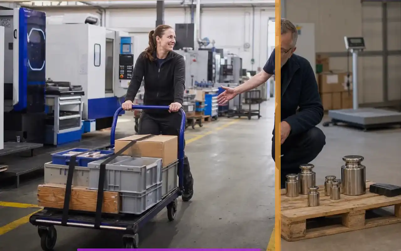 Elektro-Hochhubwagen mit 2.000 kg für die Produktion: redaktionelle Bildkomposition zur Arbeitssituation