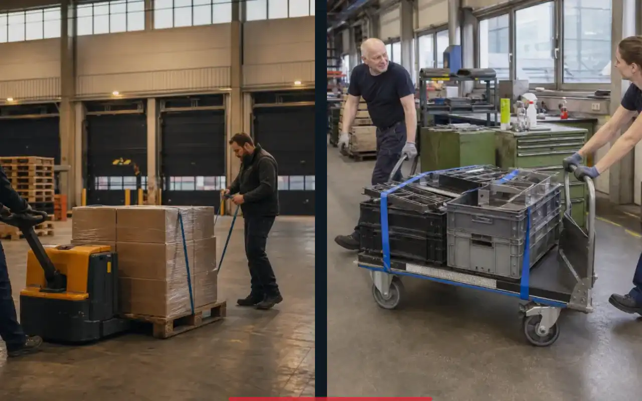 Elektro-Hochhubwagen mit Fahrerplattform für die Logistik: redaktionelle Bildkomposition zur Arbeitssituation