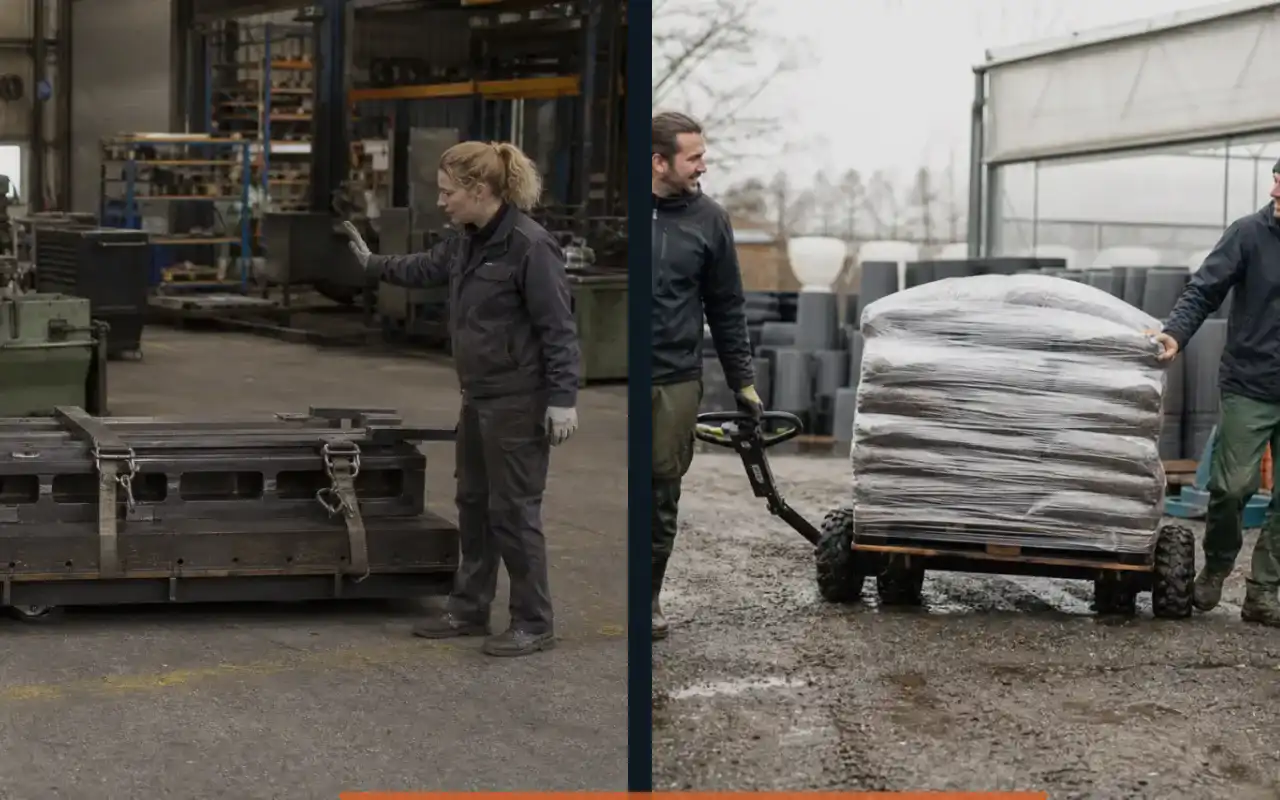 Elektro-Hochhubwagen mit Lithium-Ionen-Akku für das Lager: redaktionelle Bildkomposition zur Arbeitssituation