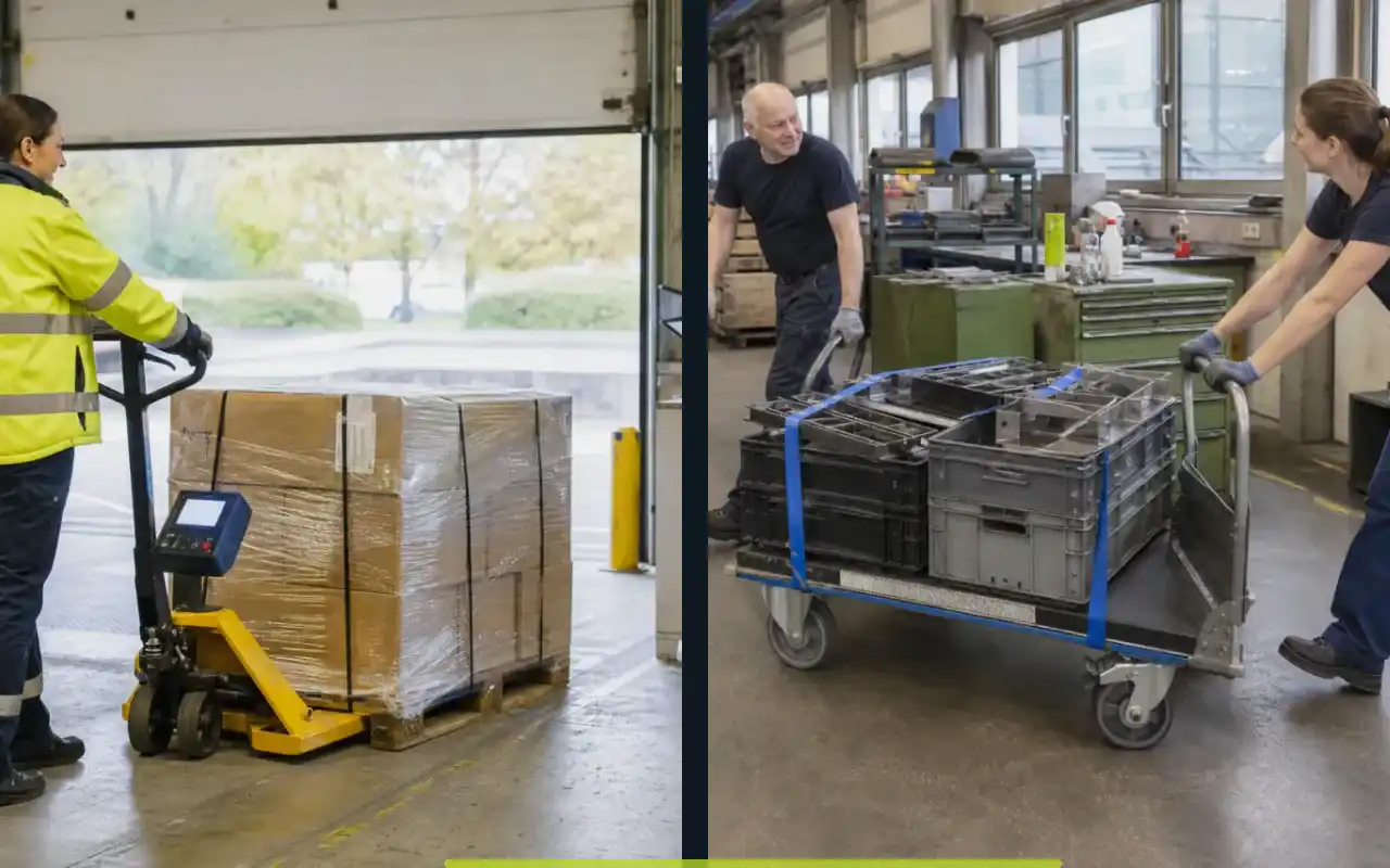 Elektro-Hochhubwagen mit Lithium-Ionen-Akku für die Produktion: redaktionelle Bildkomposition zur Arbeitssituation