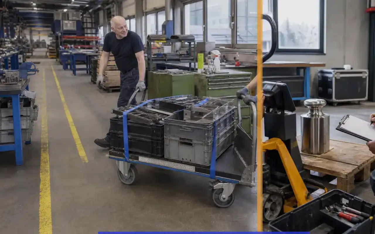 Elektro-Hochhubwagen mit Wechselakku für den Großhandel: redaktionelle Bildkomposition zur Arbeitssituation