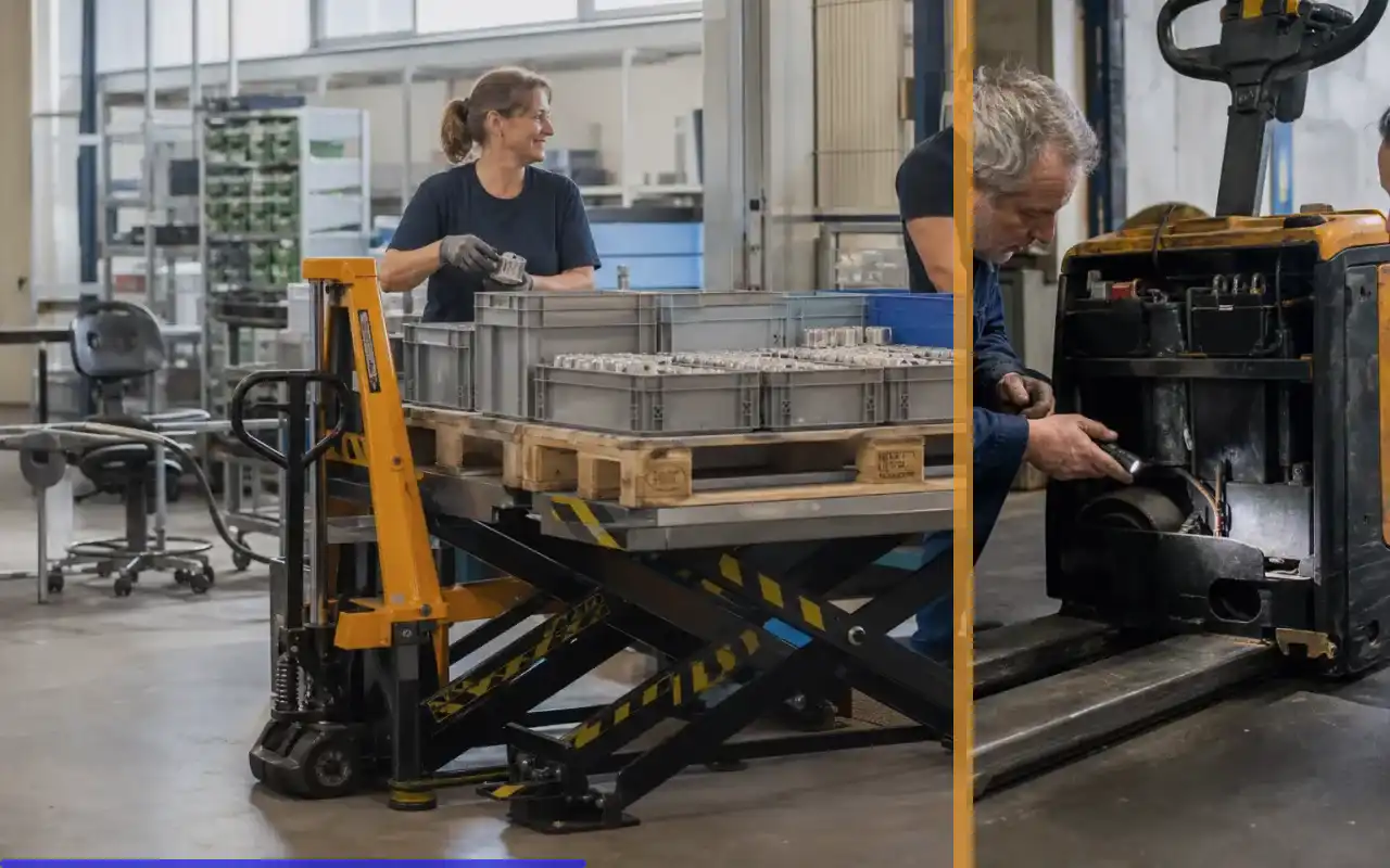 Elektrohubwagen mit 1.200 kg für kleine Lager: redaktionelle Bildkomposition zur Arbeitssituation