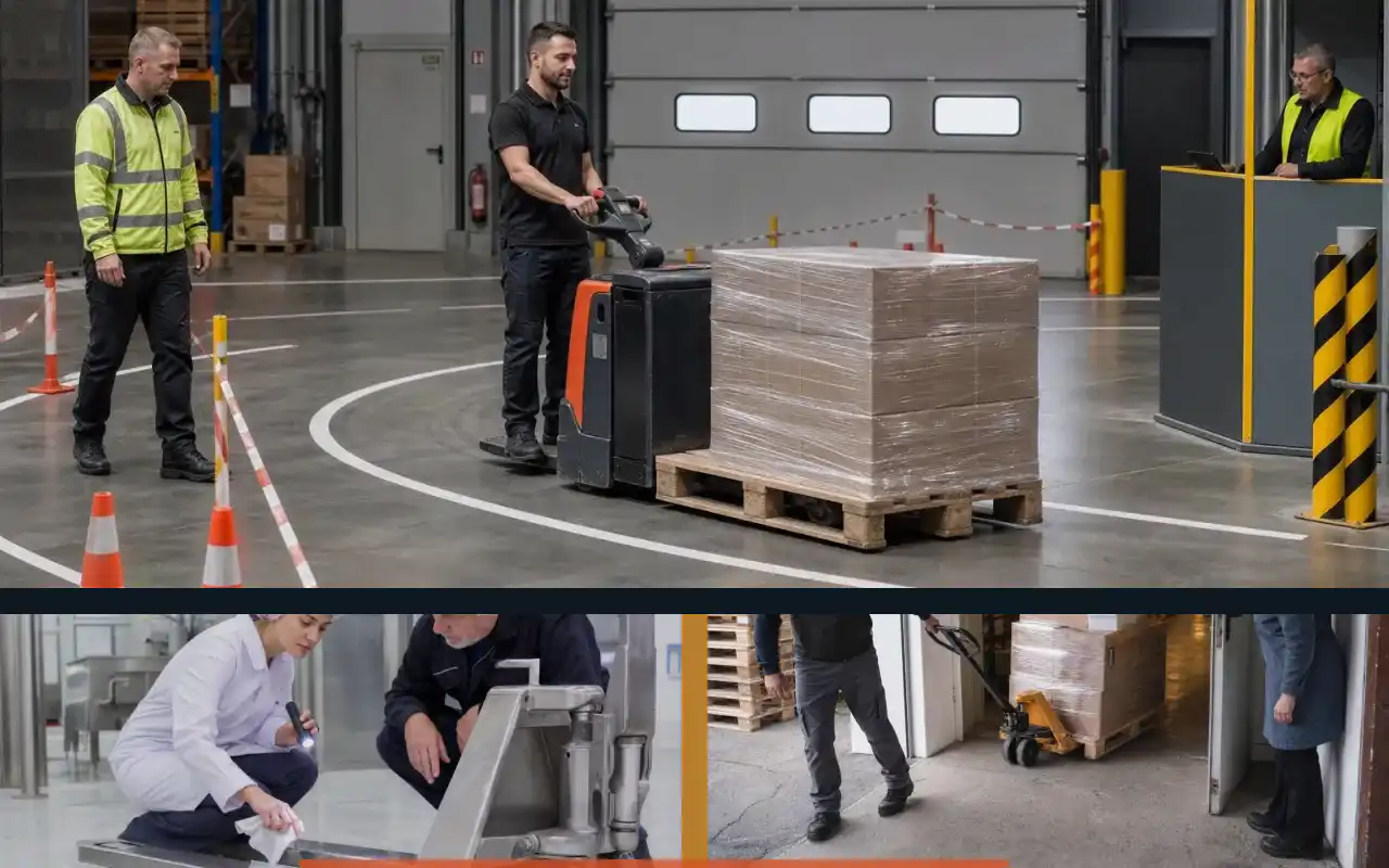 Elektrohubwagen mit 1.200 kg für die Produktion: redaktionelle Bildkomposition zur Arbeitssituation