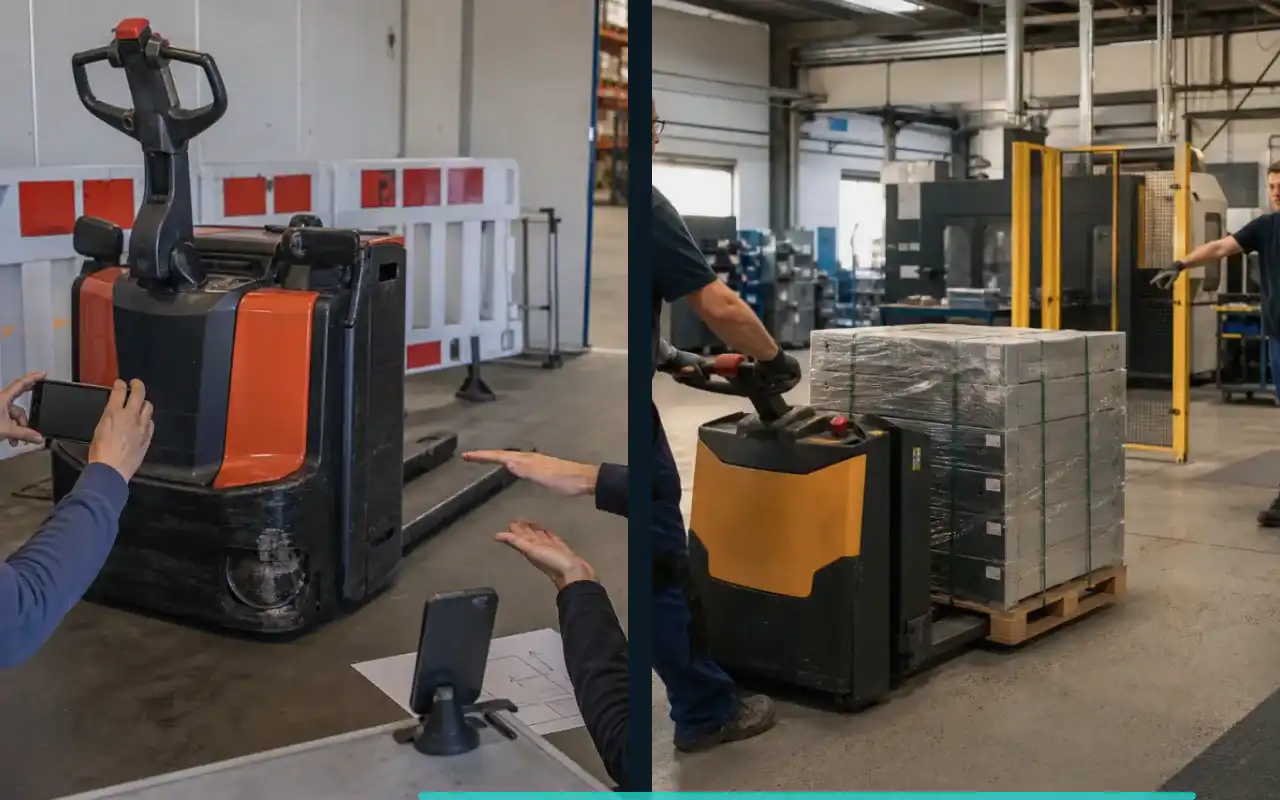 Elektrohubwagen mit 1.200 kg für Rampen: redaktionelle Bildkomposition zur Arbeitssituation