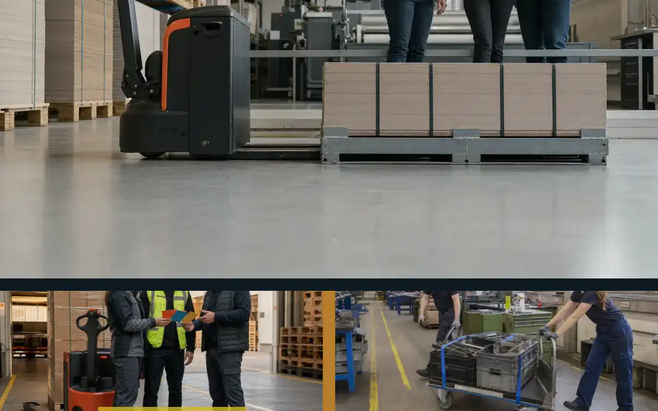 Elektrohubwagen mit 1.400 kg für die Logistik: redaktionelle Bildkomposition zur Arbeitssituation
