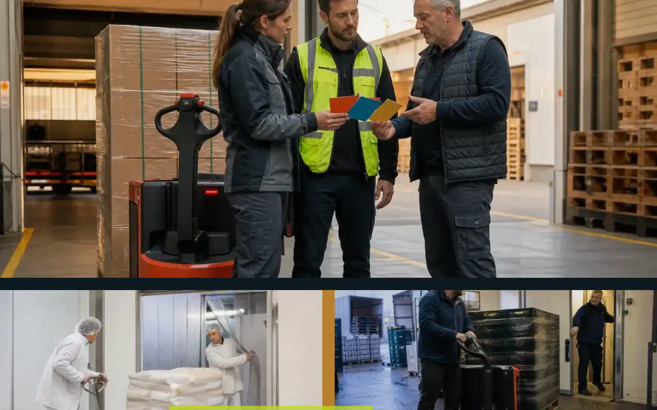 Elektrohubwagen mit 1.400 kg für die Produktion: redaktionelle Bildkomposition zur Arbeitssituation