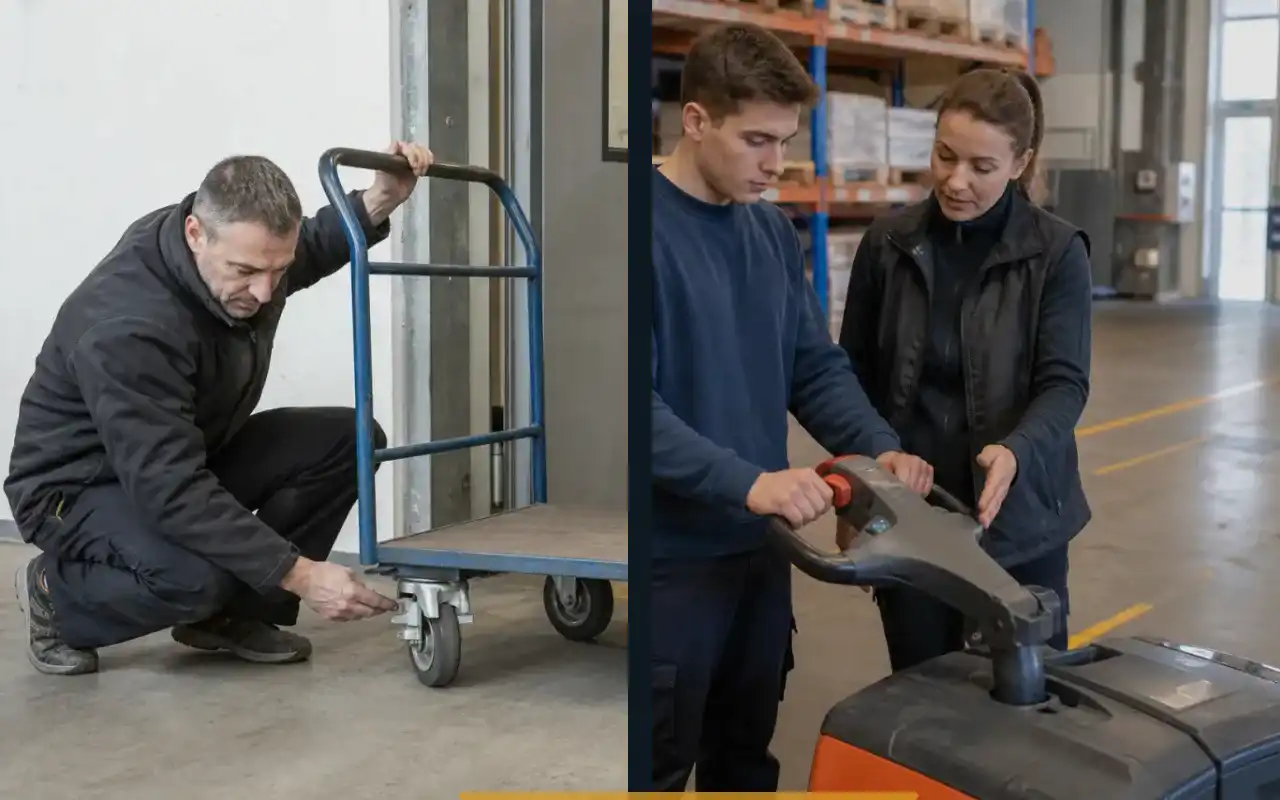 Elektrohubwagen mit 1.500 kg für Rampen: redaktionelle Bildkomposition zur Arbeitssituation