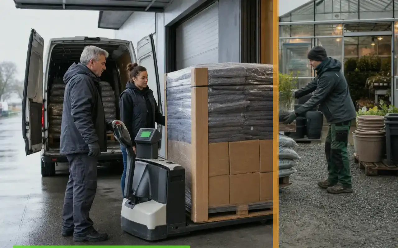 Elektrohubwagen mit 1.600 kg für den Großhandel: redaktionelle Bildkomposition zur Arbeitssituation