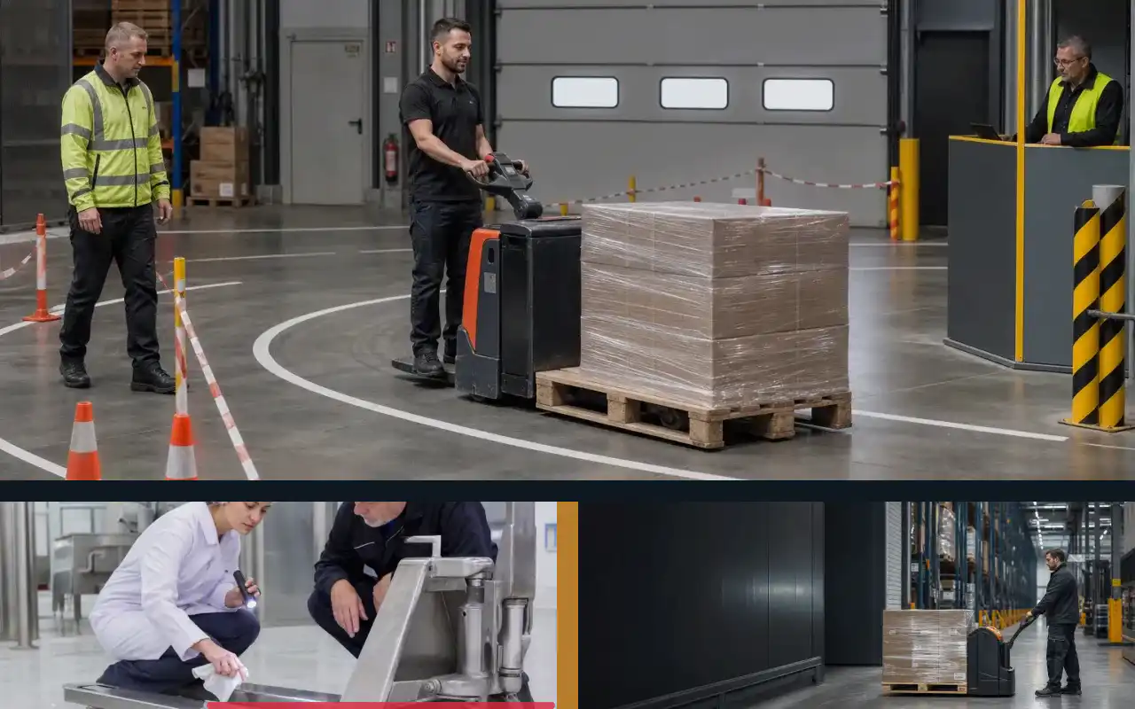 Elektrohubwagen mit 1.800 kg für kleine Lager: redaktionelle Bildkomposition zur Arbeitssituation