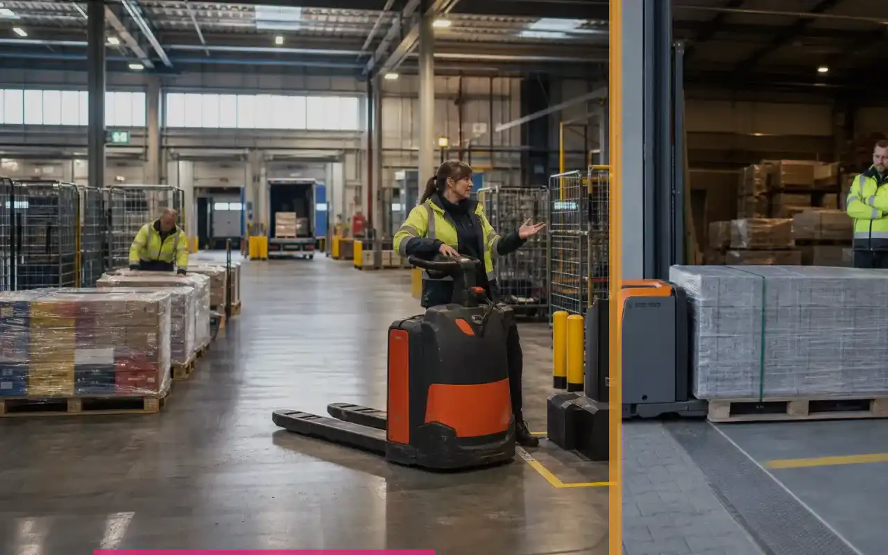 Elektrohubwagen mit 1.800 kg für die Werkstatt: redaktionelle Bildkomposition zur Arbeitssituation