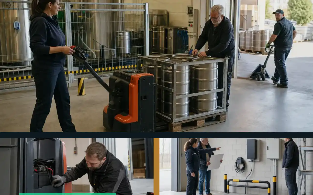 Elektrohubwagen mit 2.000 kg für enge Gänge: redaktionelle Bildkomposition zur Arbeitssituation