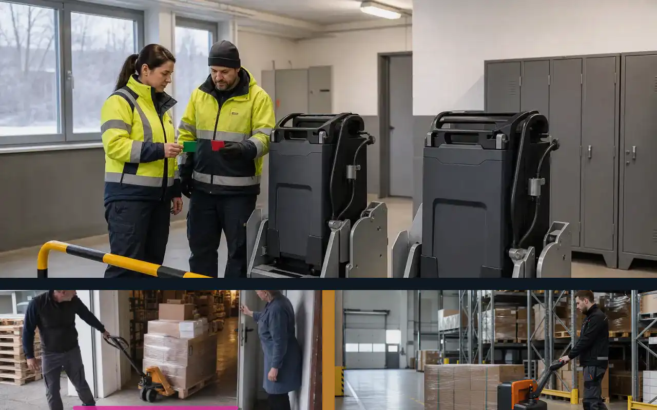 Elektrohubwagen mit 2.000 kg für die Industrie: redaktionelle Bildkomposition zur Arbeitssituation