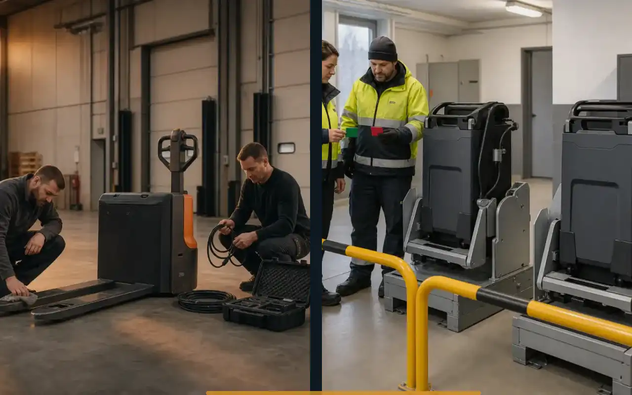 Elektrohubwagen mit 2.000 kg für kleine Lager: redaktionelle Bildkomposition zur Arbeitssituation