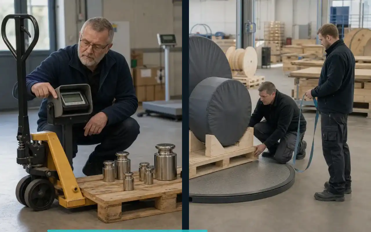 Elektrohubwagen mit 2.000 kg für die Produktion: redaktionelle Bildkomposition zur Arbeitssituation