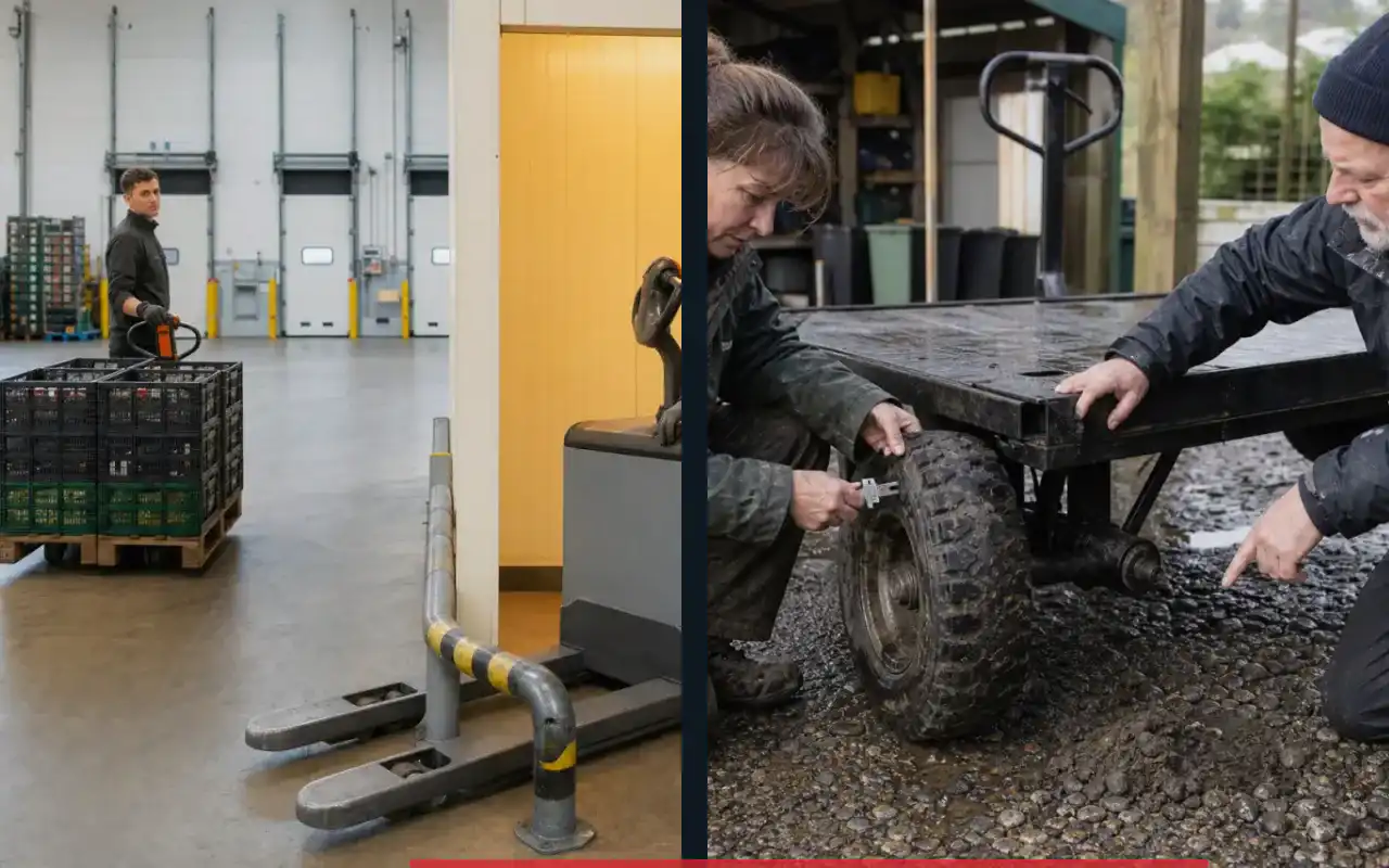 Elektrohubwagen mit 2.000 kg für die Werkstatt: redaktionelle Bildkomposition zur Arbeitssituation