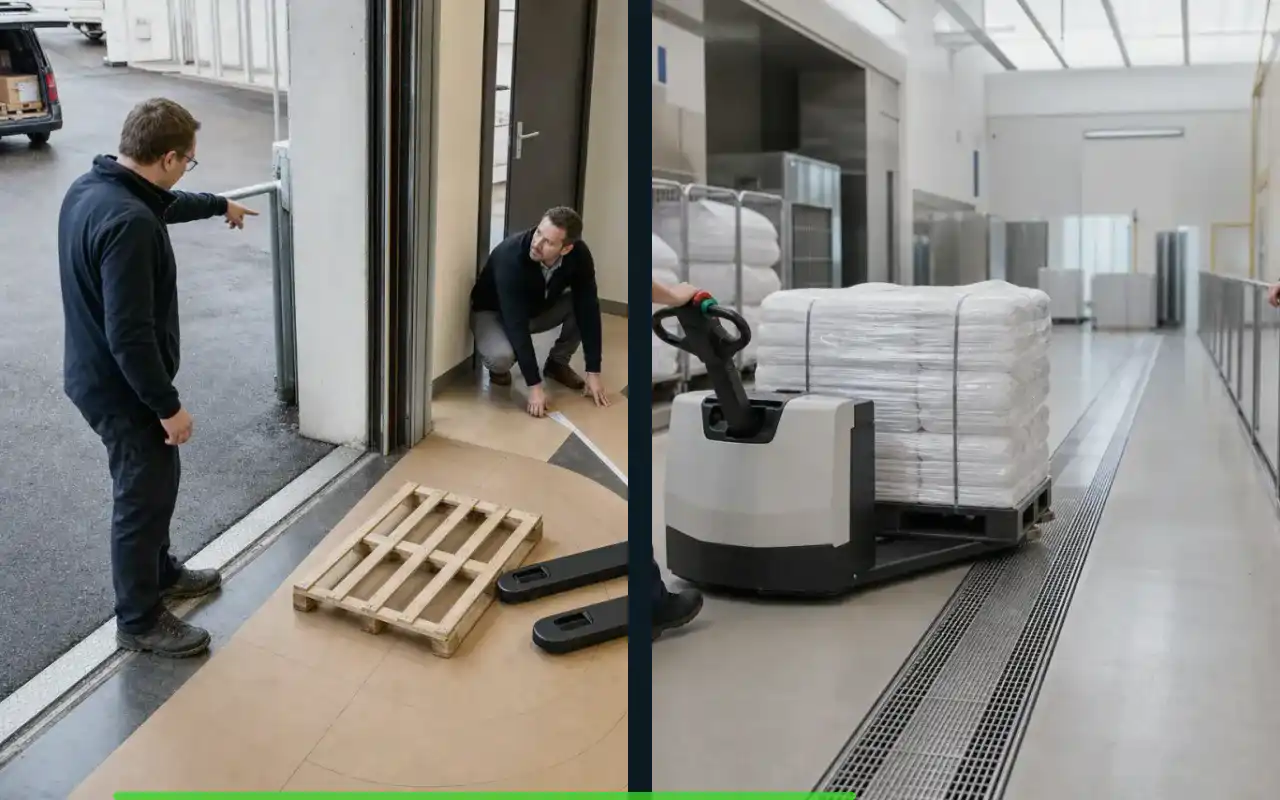 Elektrohubwagen mit 2.500 kg für den Großhandel: redaktionelle Bildkomposition zur Arbeitssituation
