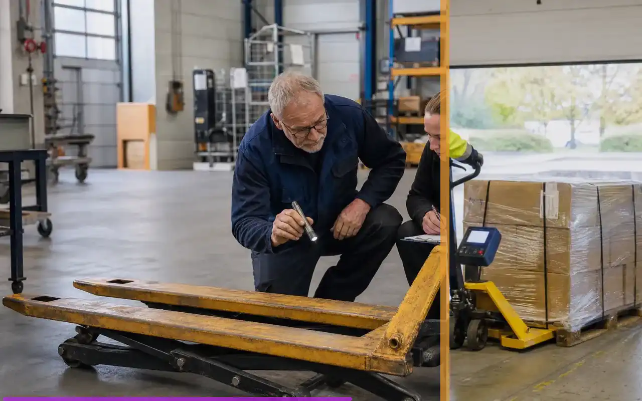 Elektrohubwagen mit Lithium-Ionen-Akku für das Lager: redaktionelle Bildkomposition zur Arbeitssituation