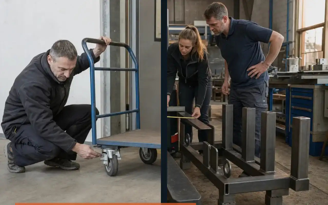 Elektrohubwagen mit Waage für die Produktion: redaktionelle Bildkomposition zur Arbeitssituation