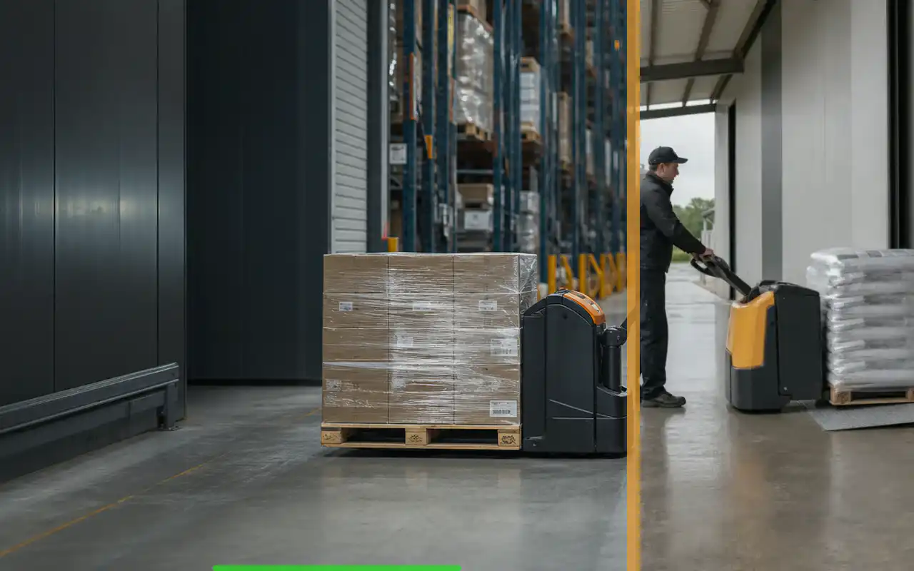 Elektrohubwagen mit Wechselakku für die Produktion: redaktionelle Bildkomposition zur Arbeitssituation