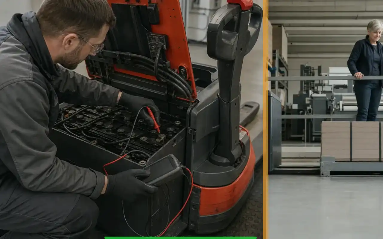 Fahrerstand-Hubwagen mit 1.600 kg für die Produktion: redaktionelle Bildkomposition zur Arbeitssituation