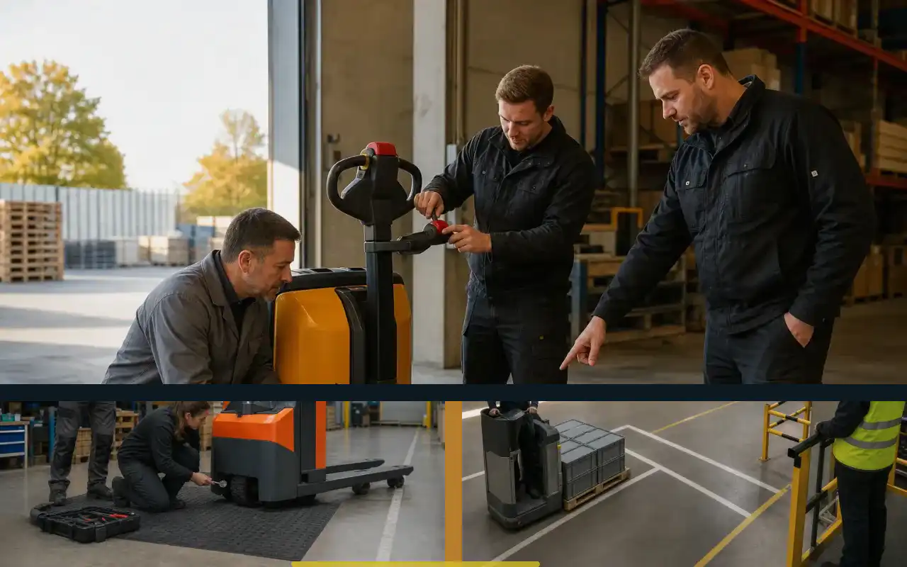 Fahrerstand-Hubwagen mit 2.000 kg für die Produktion: redaktionelle Bildkomposition zur Arbeitssituation