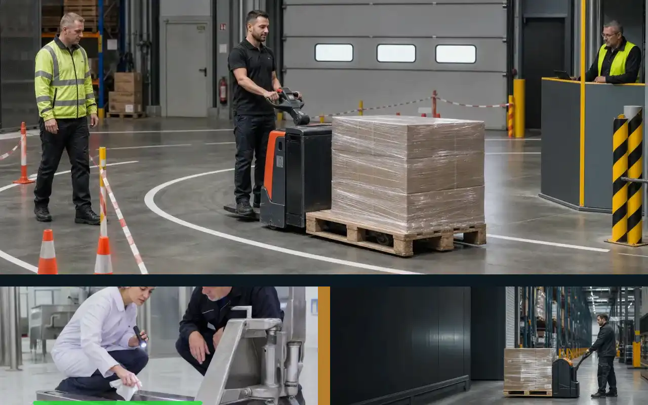 Fahrerstand-Hubwagen für die Produktion: passend zum Prozess: redaktionelle Bildkomposition zur Arbeitssituation