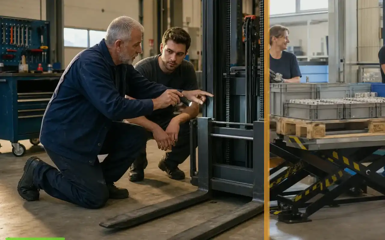 Fahrerstand-Hubwagen-Reparatur wirtschaftlich einordnen: redaktionelle Bildkomposition zur Arbeitssituation