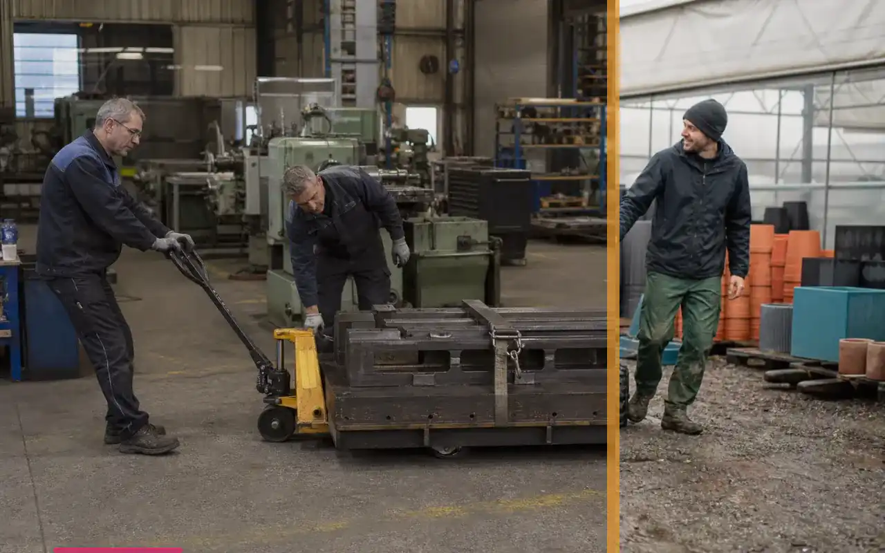 Flachhubwagen mit 1.000 kg: Traglast passend auslegen: redaktionelle Bildkomposition zur Arbeitssituation