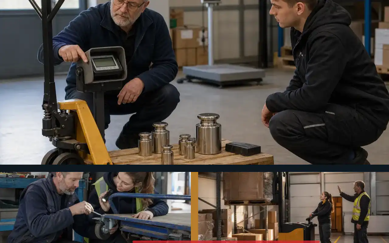 Flachhubwagen mit 1.500 kg für die Produktion: redaktionelle Bildkomposition zur Arbeitssituation