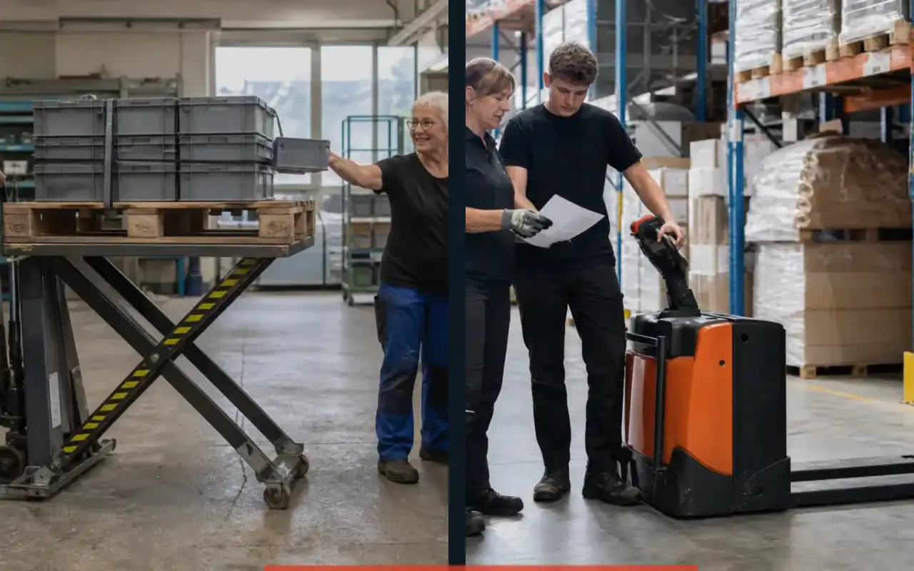 Flachhubwagen mit 2.000 kg für die Produktion: redaktionelle Bildkomposition zur Arbeitssituation