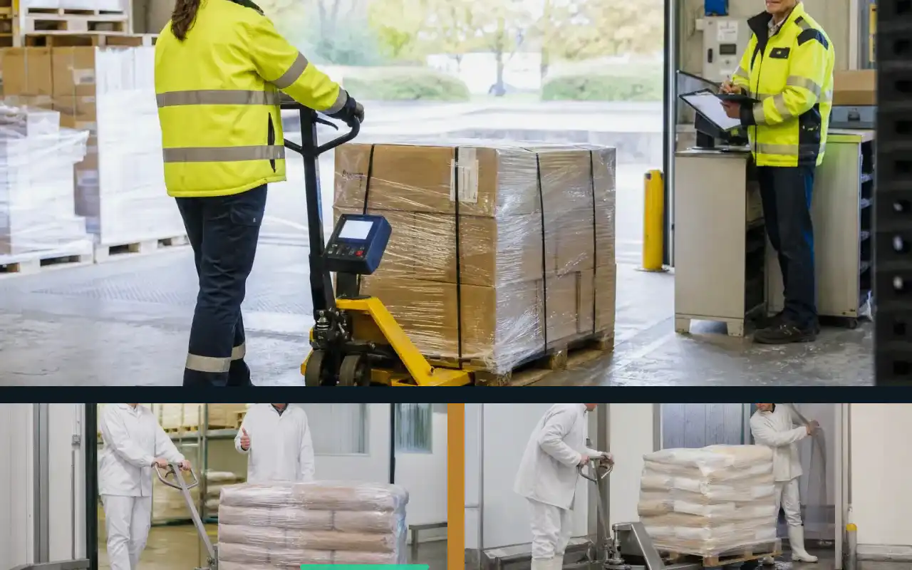 Flachhubwagen mit 2.000 kg: Traglast passend auslegen: redaktionelle Bildkomposition zur Arbeitssituation