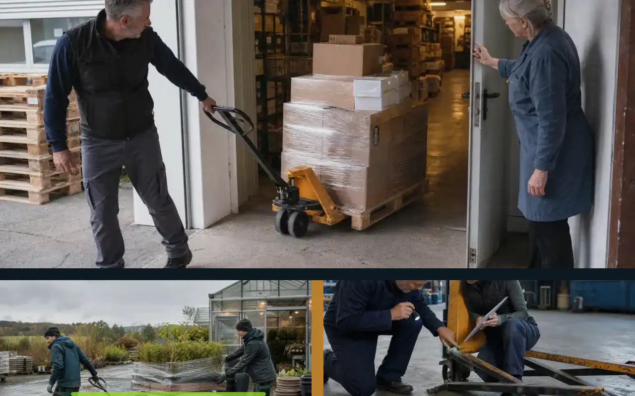 Flachhubwagen oder Handhubwagen? Entscheidungshilfe: redaktionelle Bildkomposition zur Arbeitssituation