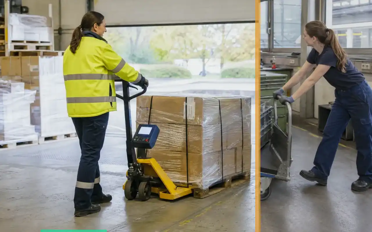 Flachhubwagen-Preise: Kosten realistisch planen: redaktionelle Bildkomposition zur Arbeitssituation