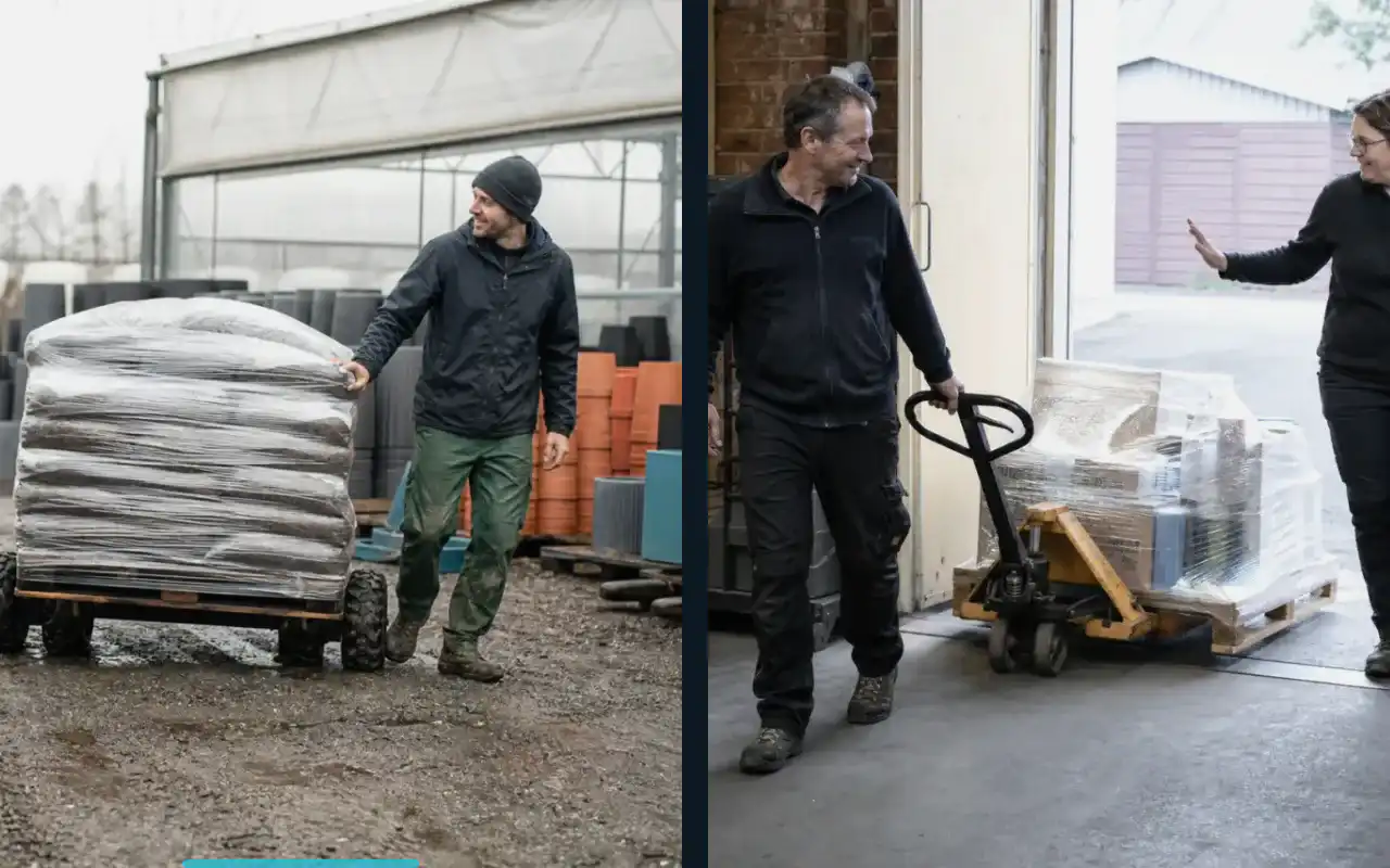 Geländehubwagen mit 2.000 kg für den Außenbereich: redaktionelle Bildkomposition zur Arbeitssituation