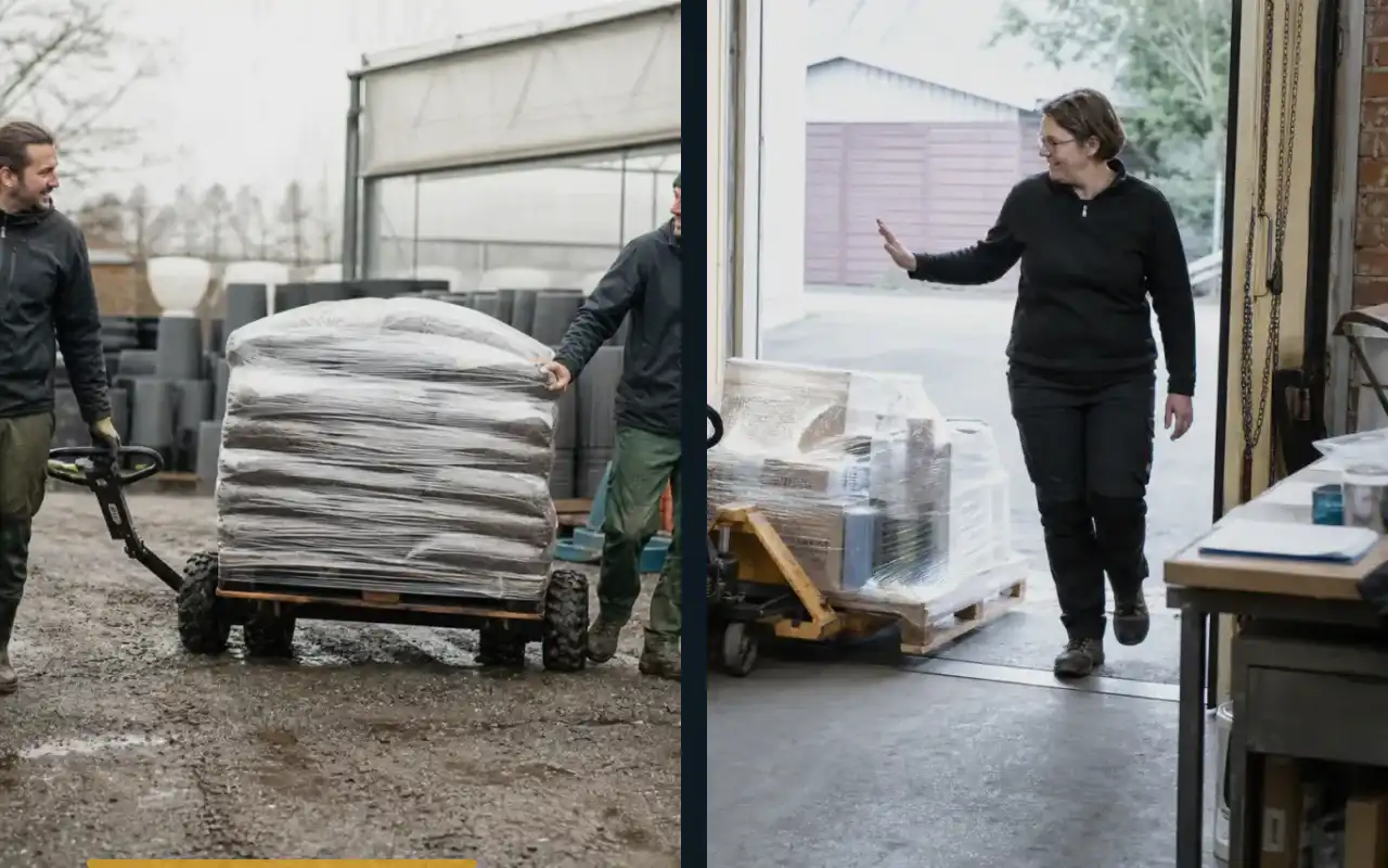 Geländehubwagen mit Feststellbremse für den Gartenbau: redaktionelle Bildkomposition zur Arbeitssituation