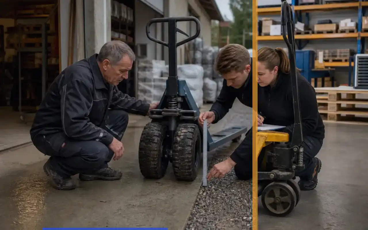 Geländehubwagen mit Waage für den Gartenbau: redaktionelle Bildkomposition zur Arbeitssituation