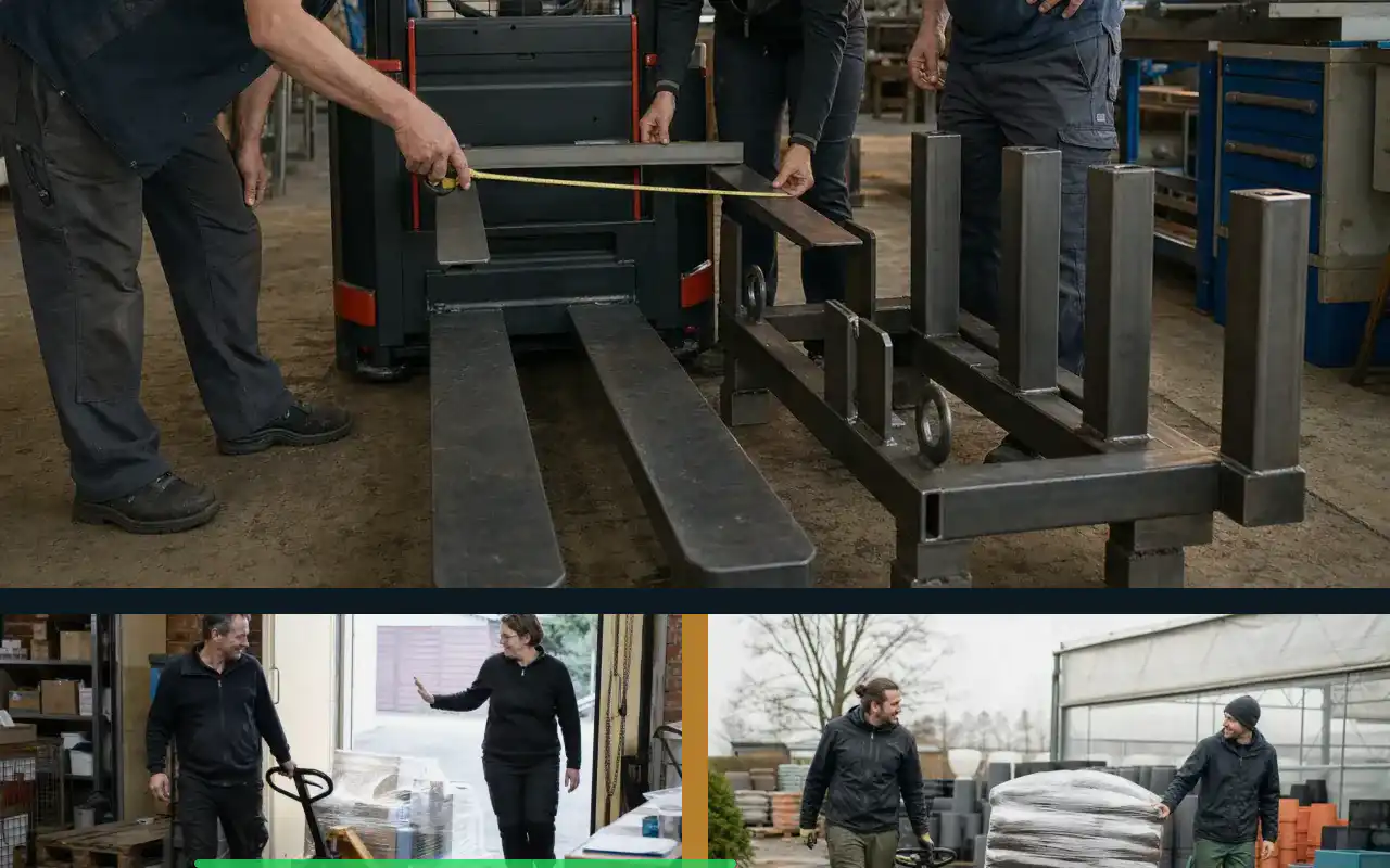 Handhubwagen mit 1.500 kg für enge Gänge: redaktionelle Bildkomposition zur Arbeitssituation