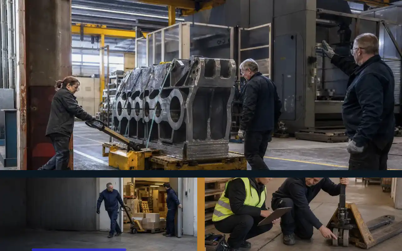 Handhubwagen mit 1.500 kg für die Produktion: redaktionelle Bildkomposition zur Arbeitssituation