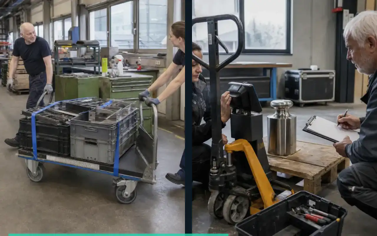 Handhubwagen mit 2.000 kg für kleine Lager: redaktionelle Bildkomposition zur Arbeitssituation