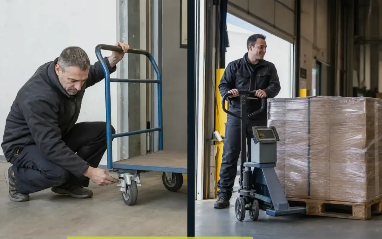 Handhubwagen mit 2.000 kg für die Produktion: redaktionelle Bildkomposition zur Arbeitssituation