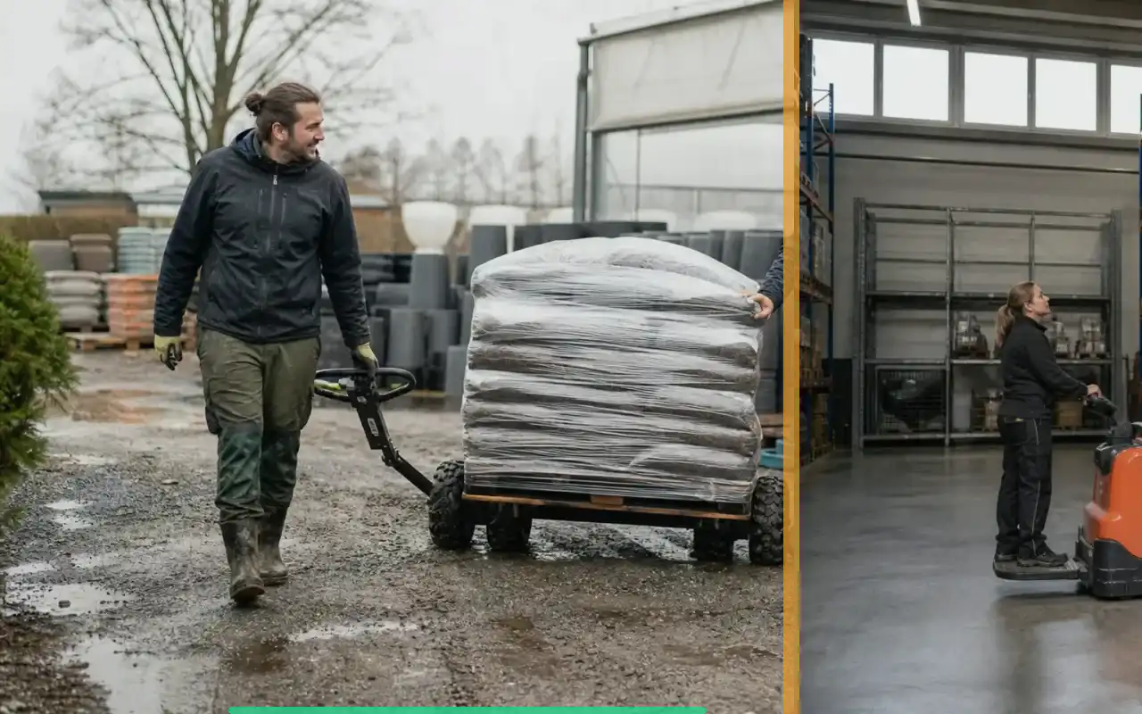 Handhubwagen mit 3.000 kg für den Großhandel: redaktionelle Bildkomposition zur Arbeitssituation