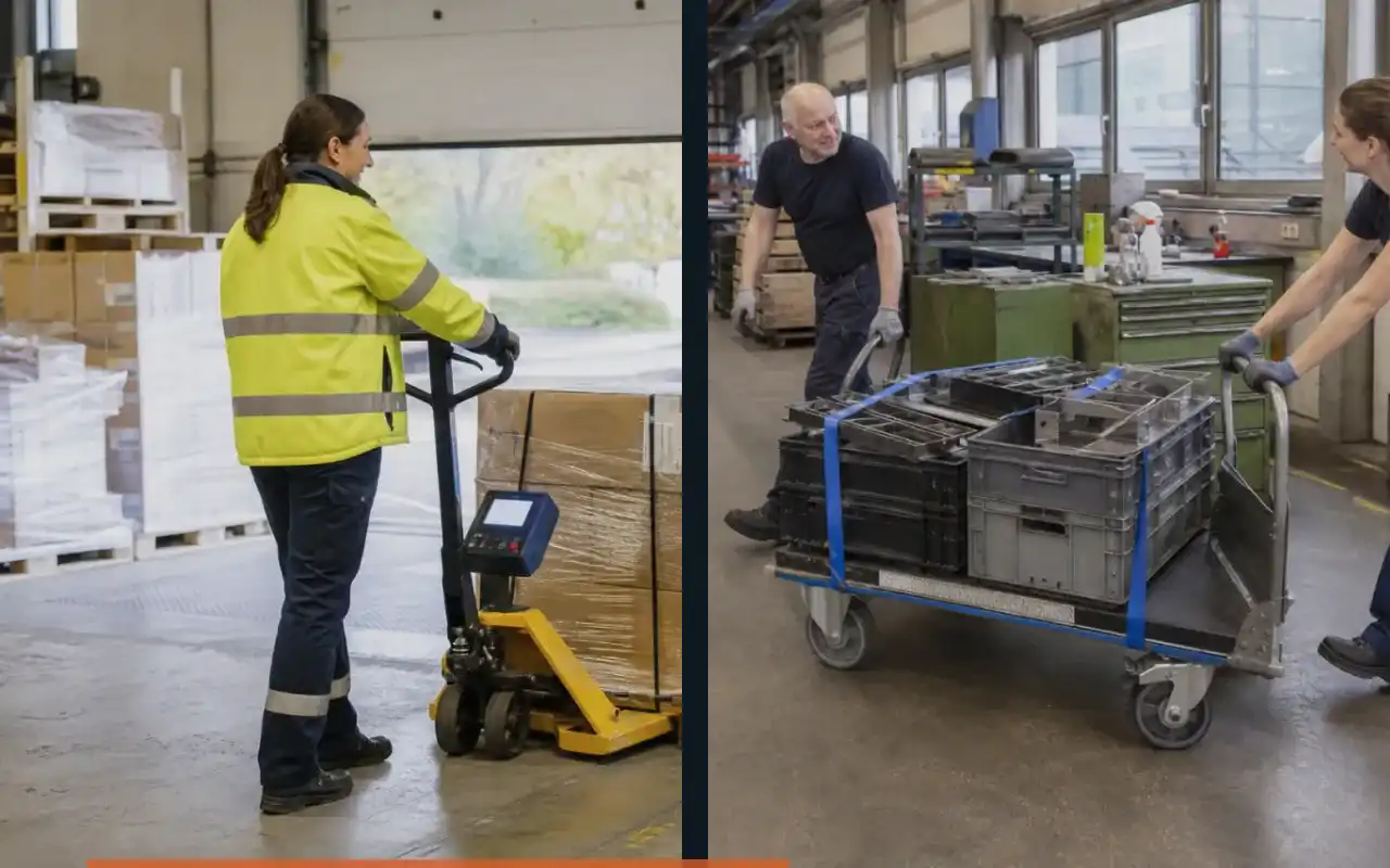 Handhubwagen mit kurzen Gabeln für die Produktion: redaktionelle Bildkomposition zur Arbeitssituation