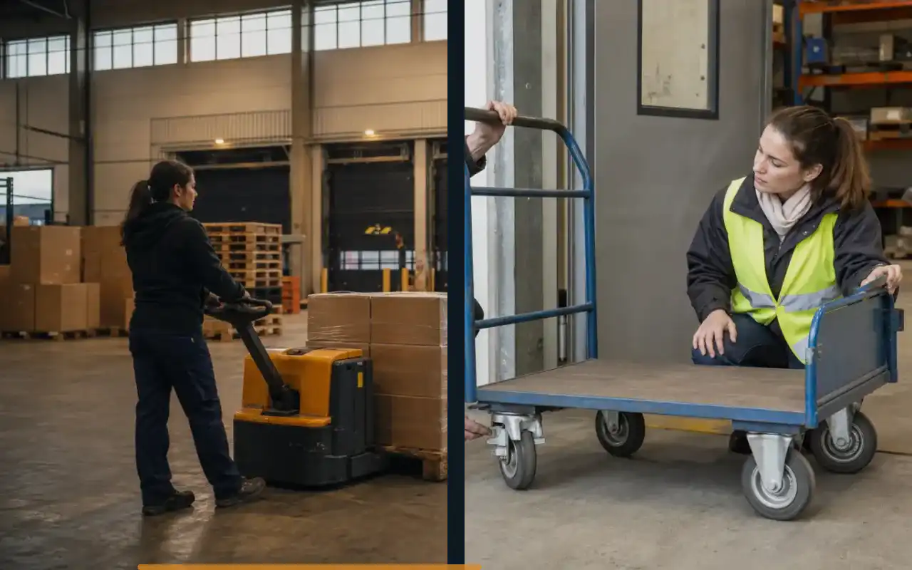 Handhubwagen mit kurzen Gabeln für die Werkstatt: redaktionelle Bildkomposition zur Arbeitssituation