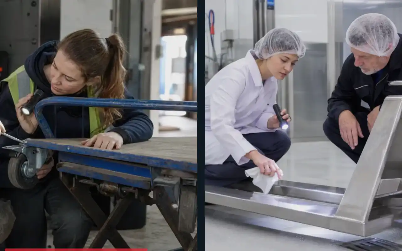 Handhubwagen mit langen Gabeln für die Produktion: redaktionelle Bildkomposition zur Arbeitssituation