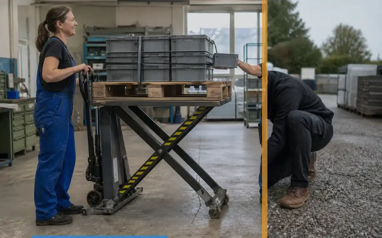 Handhubwagen mit Waage für den Einzelhandel: redaktionelle Bildkomposition zur Arbeitssituation