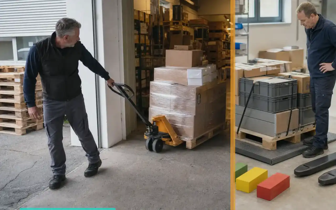 Handhubwagen mit Waage für die Produktion: redaktionelle Bildkomposition zur Arbeitssituation