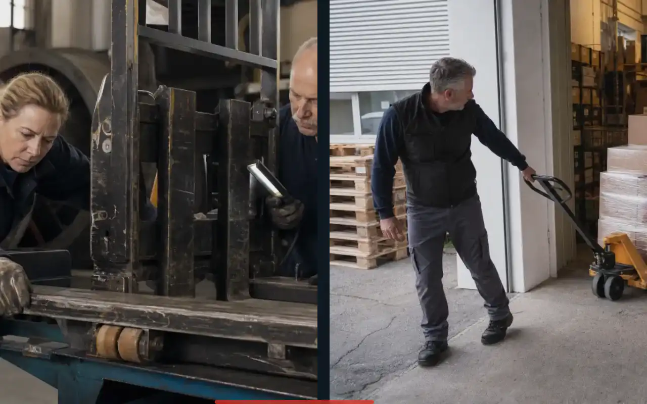 Handhubwagen oder Wiegehubwagen? Entscheidungshilfe: redaktionelle Bildkomposition zur Arbeitssituation
