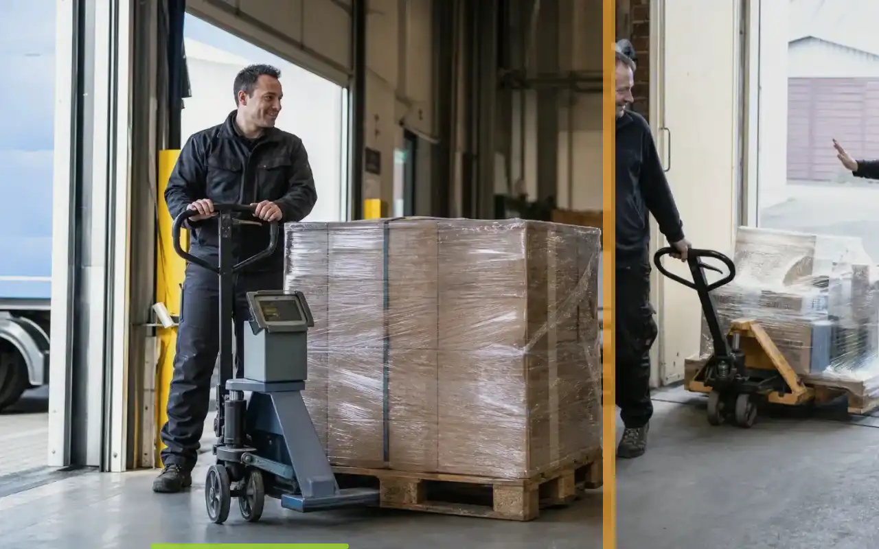 Hochhubwagen mit 1.000 kg für die Logistik: redaktionelle Bildkomposition zur Arbeitssituation